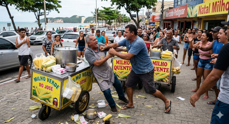 Confusão entre vendedores de milho gera tumulto em frente ao Hospital Antônio Prudente, em Natal